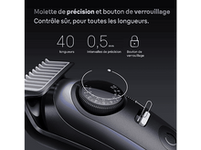 Charger l&#39;image dans la galerie, Gros plan d&#39;un rasoir avec molette de longueurs, bouton de verrouillage et texte: 40 longueurs, 0,5 mm, bouton verrouillage.
