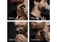 Charger l&#39;image dans la galerie, Quatre images montrant l&#39;utilisation du rasoir Braun sur le visage d&#39;un homme, avec des étiquettes de texte.
