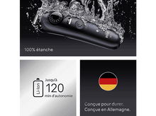 Charger l&#39;image dans la galerie, Rasoir électrique dans l&#39;eau, et texte sur l&#39;autonomie de la batterie et le design allemand.

