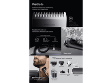 Charger l&#39;image dans la galerie, Fonctionnalités de la tondeuse à barbe Braun, y compris détails de la lame, accessoires et test d&#39;eau.
