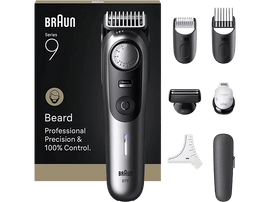 Tondeuse à barbe Braun Series 9 avec accessoires, boîte noire et options de coiffure affichées.