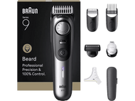 Tondeuse à barbe Braun Series 9 avec accessoires, boîte noire et options de coiffure affichées.