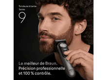 Charger l&#39;image dans la galerie, Homme utilisant une tondeuse sur sa barbe. Texte : Braun Série 9. Précision professionnelle et 100% contrôle.
