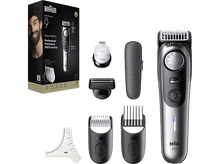 Charger l&#39;image dans la galerie, Produit tondeuse barbe Braun Series 9 avec boîte, accessoires et un homme se rasant avec la tondeuse.
