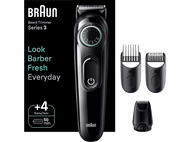 Une tondeuse à barbe Braun Series 3 noire avec accessoires. Le texte dit Barber Fresh Everyday. Fond noir.