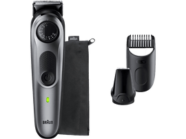 Tondeuse à barbe Braun. Design argent et noir, avec accessoires et une pochette noire.