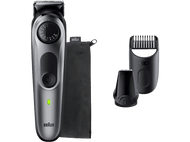 Tondeuse à barbe Braun. Design argent et noir, avec accessoires et une pochette noire.