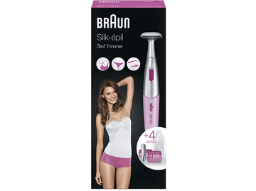 Une boîte de tondeuse Braun Silk-épil 3-en-1. Une femme et la tondeuse sont présentées sur le devant.