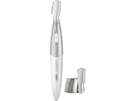 Tondeuse à sourcils blanche et grise. La tondeuse a un bouton d'alimentation et des têtes remplaçables.