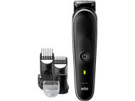 Tondeuse à barbe Braun noire avec accessoires et un bouton d'alimentation vert sur le corps.