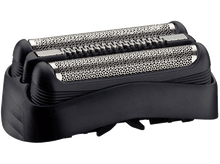 Charger l&#39;image dans la galerie, Gros plan d&#39;une tête de rasoir noire avec trois grilles argentées à motifs et un cadre noir.
