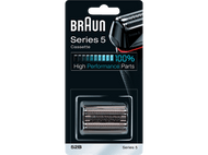 Emballage de la cassette de rasoir Braun Series 5. Palette de couleurs noire et bleue. Têtes de rasage visibles.