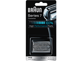 Emballage de cassette Braun Series 7, avec tête de rasoir et indicateur de pièces 100% performance.