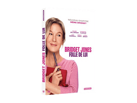 Couverture du film Bridget Jones: Folle de lui. Renée Zellweger tient un stylo et un livre rouge. Texte en français et anglais.