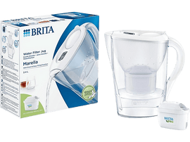 Pichet filtrant Brita blanc, avec le pichet, la boîte et un filtre.