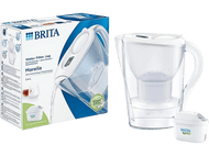 Pichet filtrant Brita blanc, avec le pichet, la boîte et un filtre.