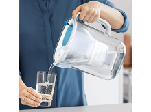 Charger l&#39;image dans la galerie, Une personne verse de l&#39;eau d&#39;une cruche transparente dans un verre, avec un accent bleu.
