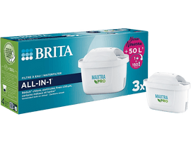 Boîte de filtres à eau Brita et un seul filtre. Texte : All-in-1.