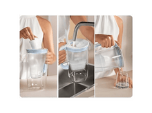 Charger l&#39;image dans la galerie, Une personne assemble et utilise une carafe filtrante. La carafe est transparente et de l&#39;eau est versée dans un verre.

