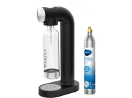 Machine à soda Brita noire avec bouteille et cylindre de CO2. Fond blanc.