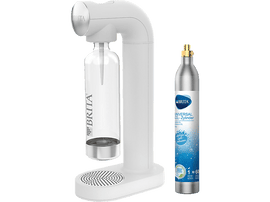 Machine à soda Brita blanche avec une bouteille transparente et une bouteille de CO2 argentée, fond blanc.