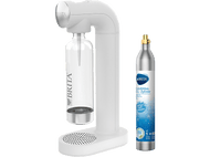 Machine à soda Brita blanche avec une bouteille transparente et une bouteille de CO2 argentée, fond blanc.