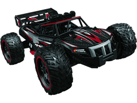 Voiture télécommandée noire et rouge avec de gros pneus. Fond noir.