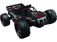 Voiture télécommandée noire et rouge avec de gros pneus. Fond noir.