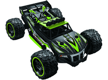 Charger l&#39;image dans la galerie, Une voiture télécommandée, noire et verte avec de gros pneus, fond blanc.
