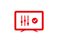 Icône d'écran de télévision rouge avec curseurs et coche, sur un cercle blanc.