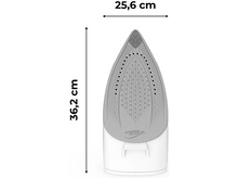 Charger l&#39;image dans la galerie, Gros plan de la semelle du fer à repasser avec dimensions. Il est blanc et gris.
