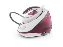Charger l&#39;image dans la galerie, Fer à repasser à vapeur blanc et bordeaux avec un tuyau gris connecté.
