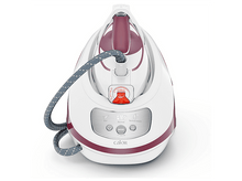 Charger l&#39;image dans la galerie, Un fer à repasser blanc et bordeaux. Un cordon bleu est connecté. Les boutons sont visibles.
