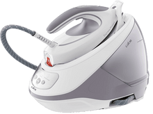 Charger l&#39;image dans la galerie, Fer à repasser vapeur blanc et gris. Le fer est dans un socle. Il a un affichage numérique.
