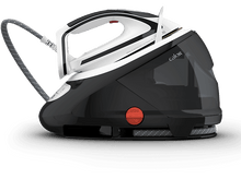 Charger l&#39;image dans la galerie, Fer à repasser vapeur noir et blanc avec réservoir d&#39;eau séparé et tuyau gris, marque &#39;Calor&#39;.
