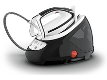 Charger l&#39;image dans la galerie, Un fer à vapeur blanc et noir avec un cordon gris sur une surface blanche.
