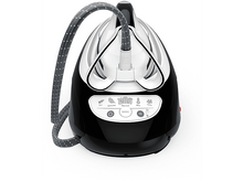 Charger l&#39;image dans la galerie, Fer à repasser vapeur noir et blanc avec un tuyau gris, commandes étiquetées Eco, Délicat, Normal, Max et Turbo.
