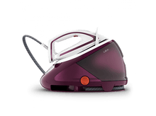 Charger l&#39;image dans la galerie, Un fer à repasser violet et blanc avec un grand réservoir d&#39;eau. La marque est Calor.
