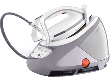 Charger l&#39;image dans la galerie, Un fer à vapeur blanc et gris sur une base avec cordon et commandes, sur fond noir.
