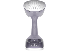 Un défroisseur de vêtements gris avec une base blanche et un réservoir d