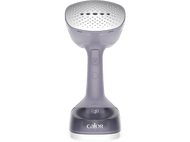 Un défroisseur de vêtements gris avec une base blanche et un réservoir d'eau.