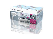 Charger l&#39;image dans la galerie, Boîte de défroisseur de voyage Calor. Défroisseur blanc, texte et graphiques sur fond bleu clair.
