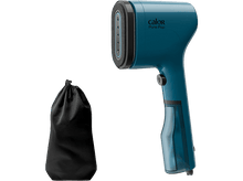 Charger l&#39;image dans la galerie, Vapeur pour vêtements Calor Pure Pop turquoise. Sac noir à gauche. Poignée, réservoir d&#39;eau et tête visibles.
