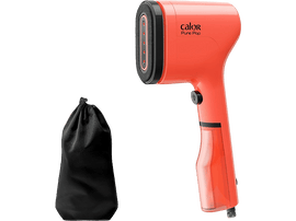 Vapeur pour vêtements orange avec sac noir, isolé sur fond blanc.