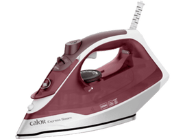 Un fer à repasser bordeaux et blanc, avec un cadran et des boutons, sur blanc.