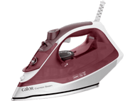 Un fer à repasser bordeaux et blanc, avec un cadran et des boutons, sur blanc.