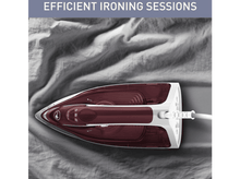 Charger l&#39;image dans la galerie, Fer à repasser sur tissu gris, vue de dessus, avec texte &#39;SÉANCES DE REPASSAGE EFFICACES&#39;.
