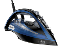 Charger l&#39;image dans la galerie, Fer à repasser bleu et noir avec réservoir d&#39;eau et cordon d&#39;alimentation, fond noir.
