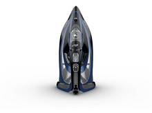 Charger l&#39;image dans la galerie, Fer à repasser noir et bleu, vue de dessus, sur fond blanc.
