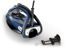 Charger l&#39;image dans la galerie, Fer à repasser bleu et noir avec réservoir d&#39;eau et filtre détaché, fond blanc.
